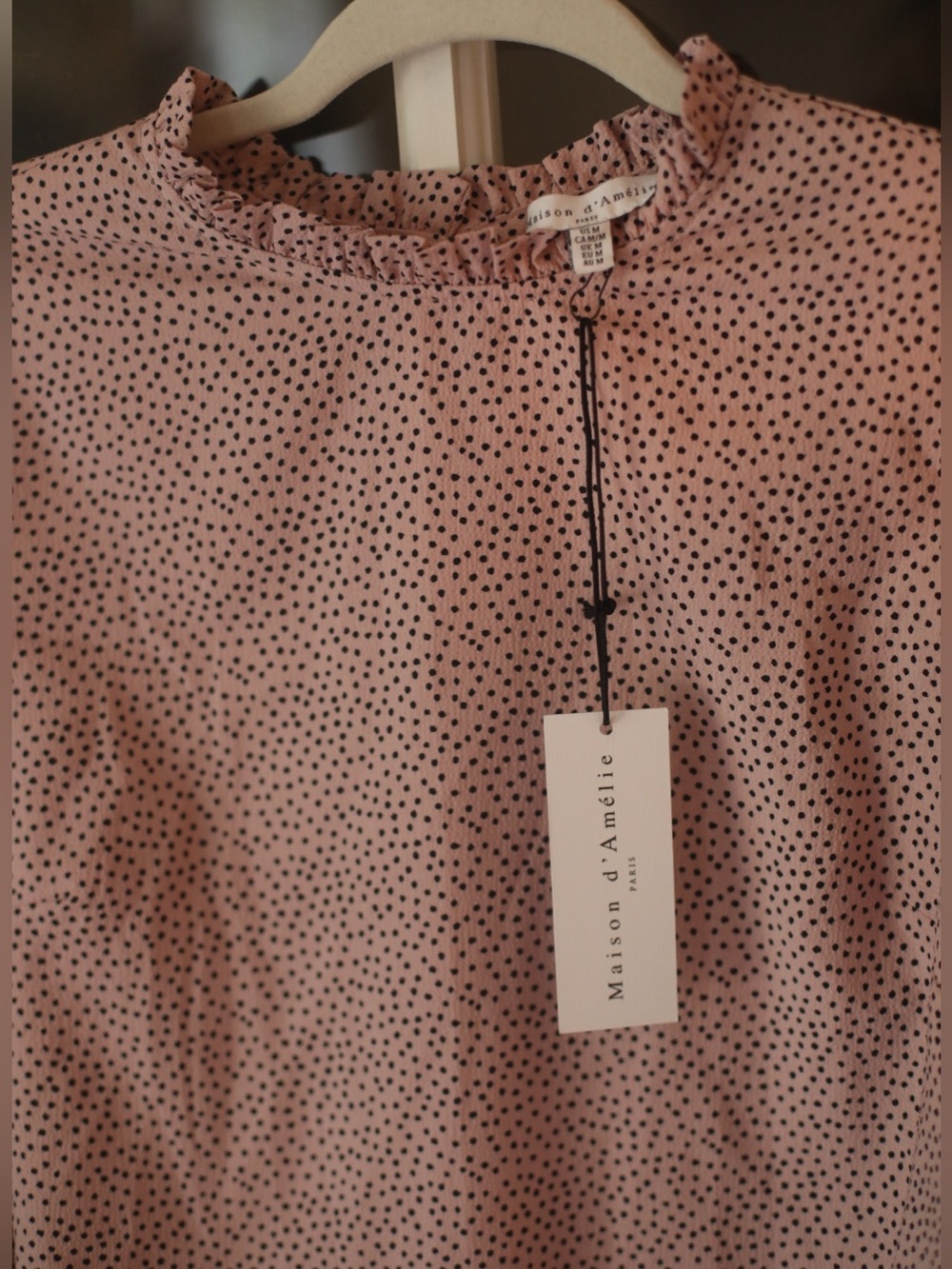NWT Maison d’Amelie Medium Rose Pink Black Polka Dot Ruffle Neck Blouse - Picture 5 of 9